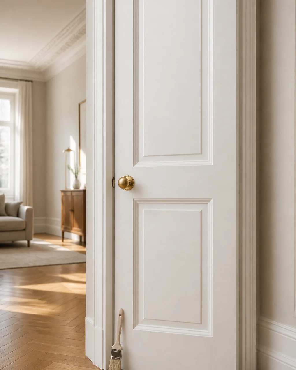 Puerta de paso lacada en blanco satinado con el marco rematado