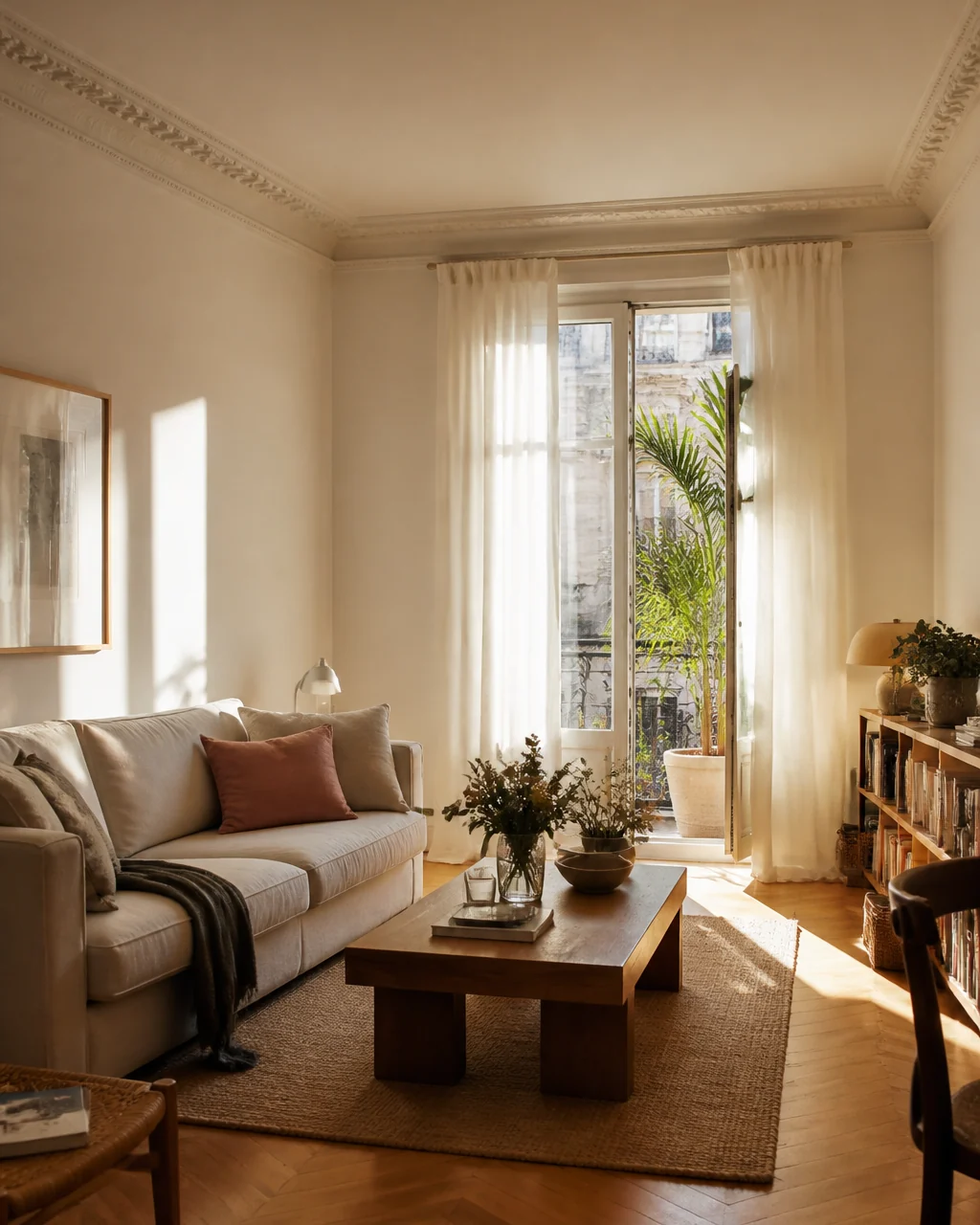 Salón de una vivienda recién pintada, con la luz de la tarde sobre la pared
