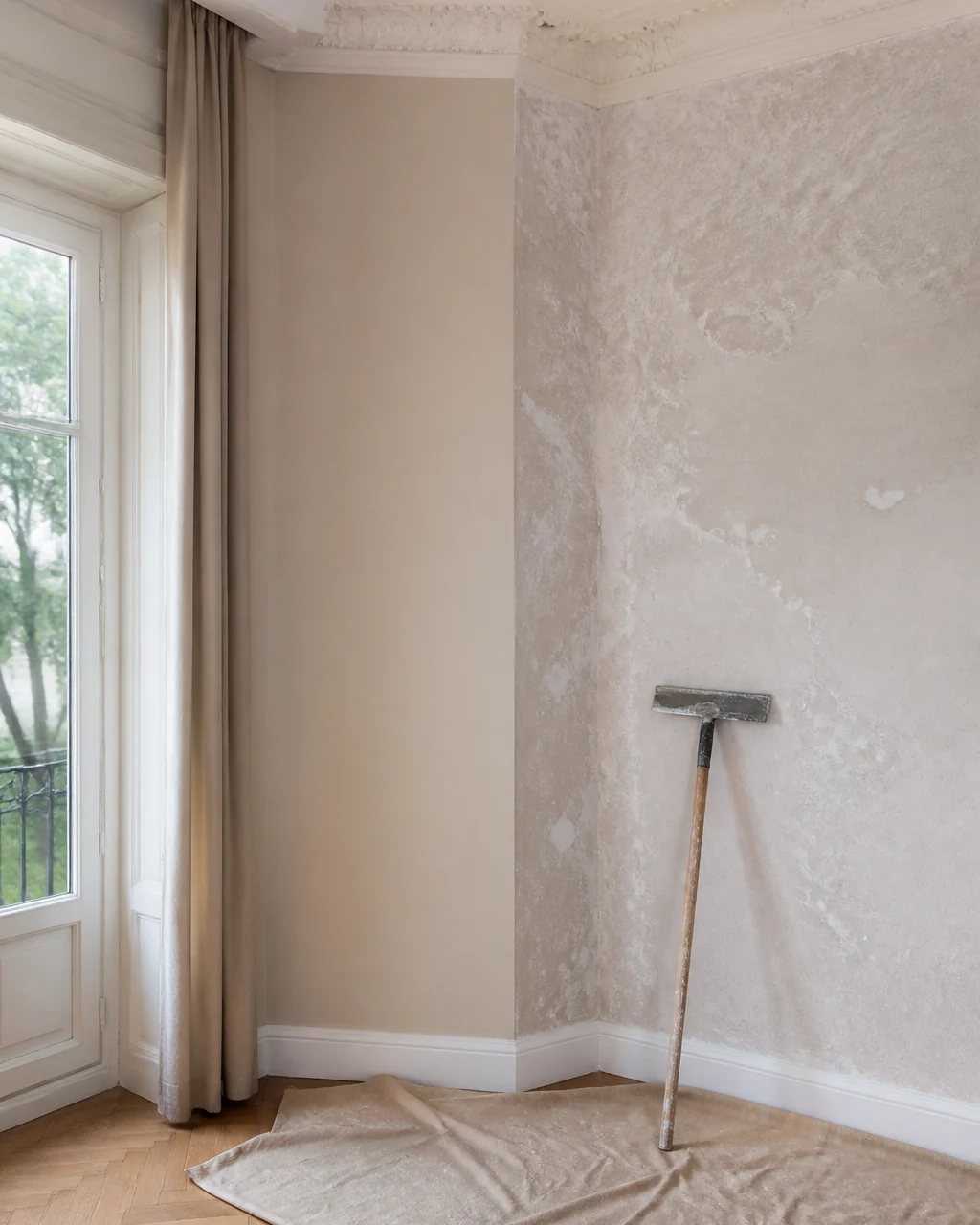 Zona de pared saneada y tratada contra la humedad, lista para pintar