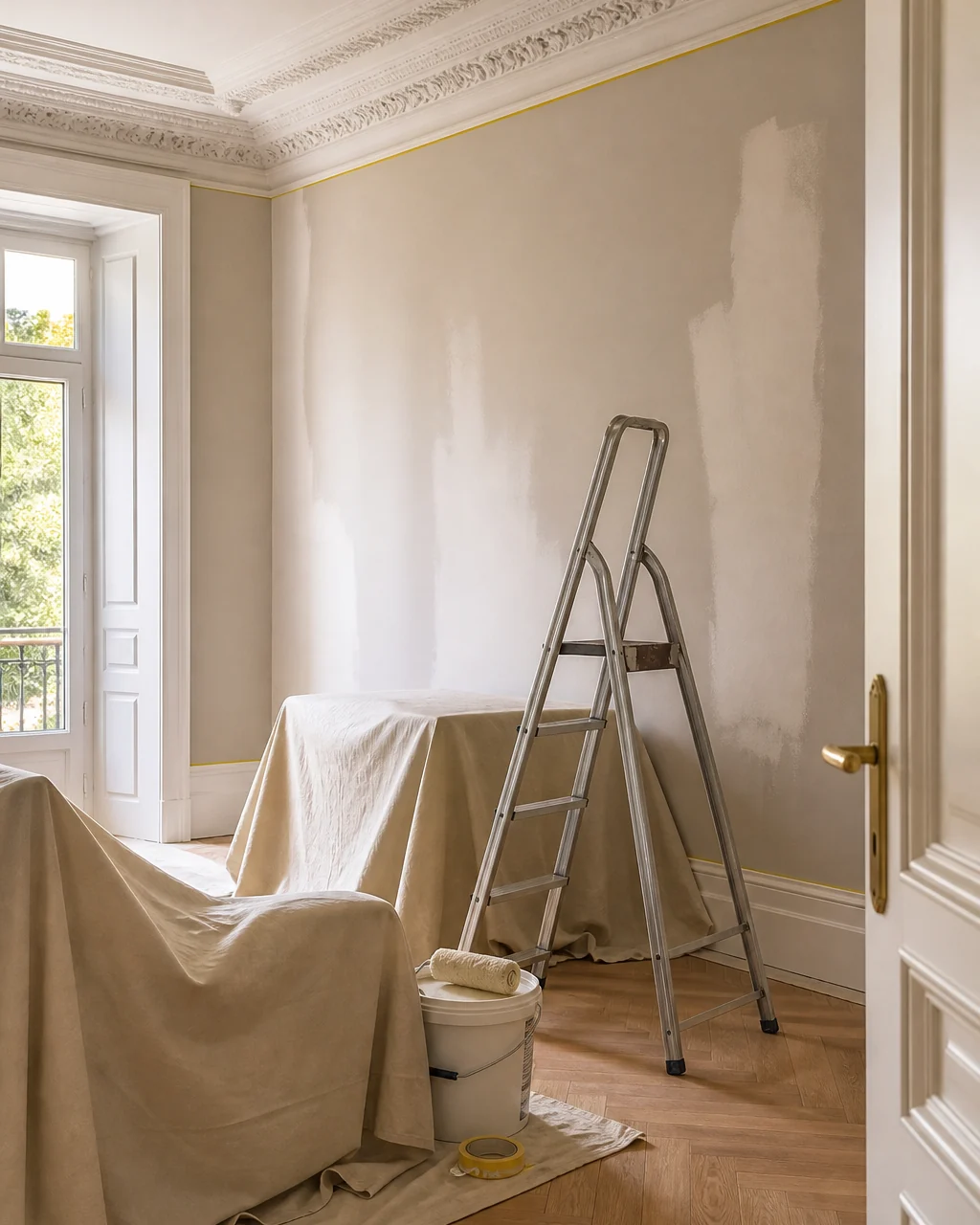 Vivienda protegida con lonas durante un trabajo de pintura