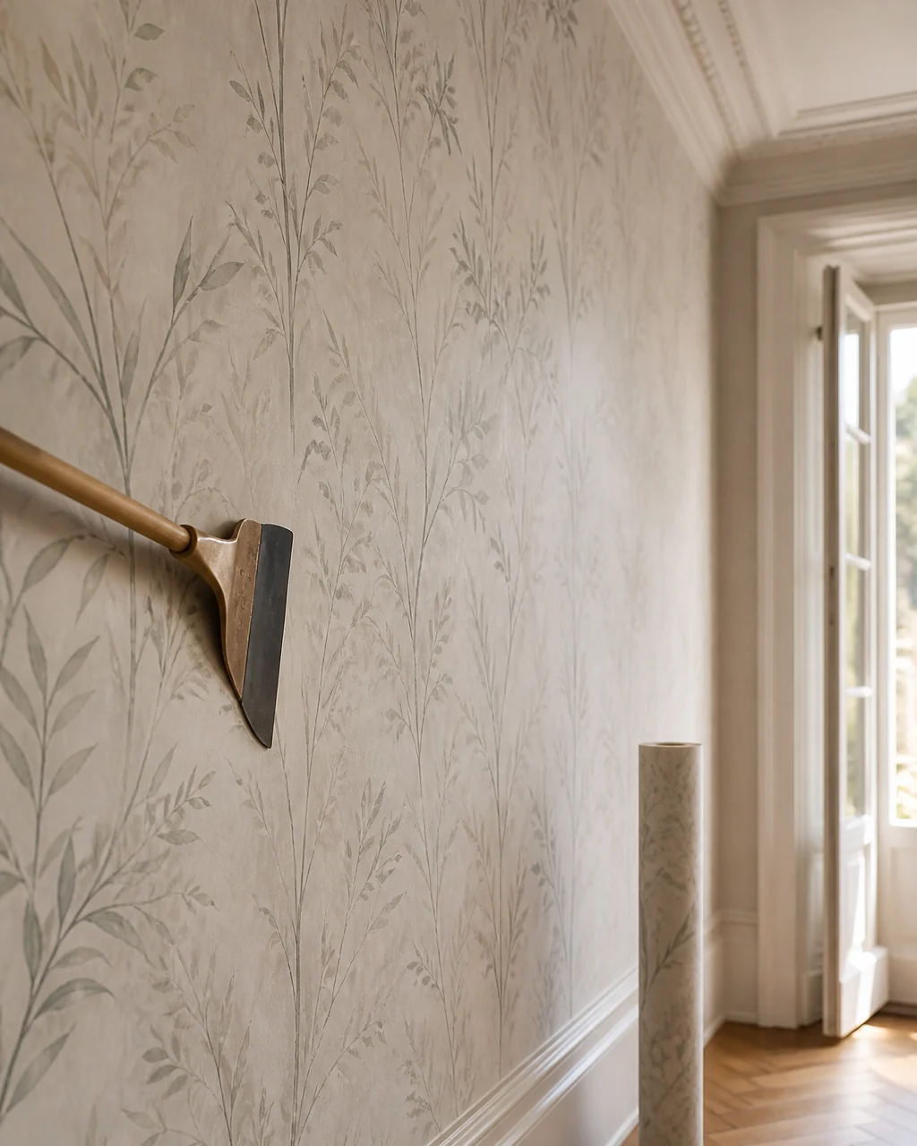 Papel pintado de dibujo vegetal recién colocado, alisando una junta