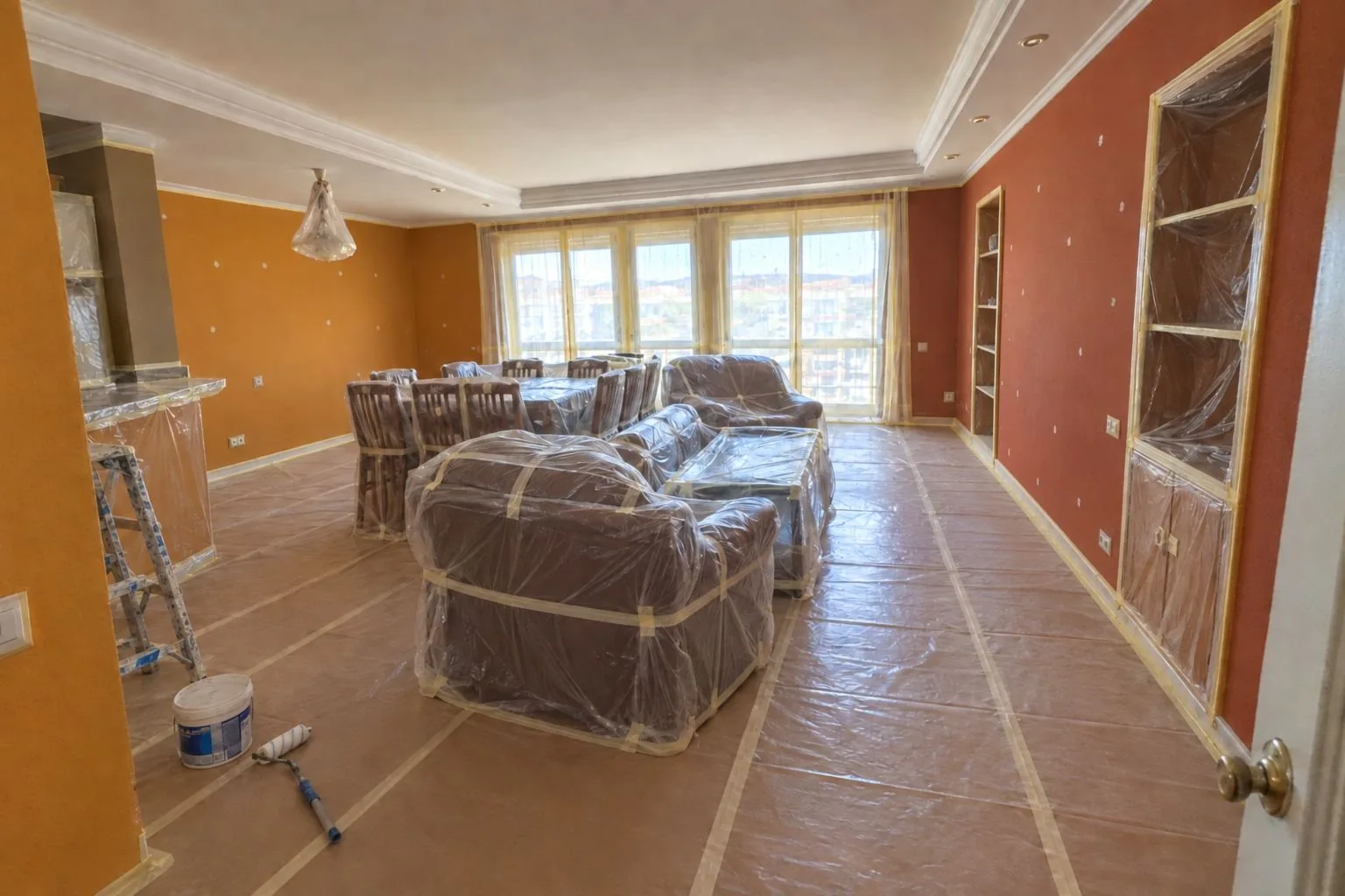 El mismo salón preparado para pintar: muebles juntos en el centro y envueltos en plástico, suelo cubierto con cartón y paredes despejadas